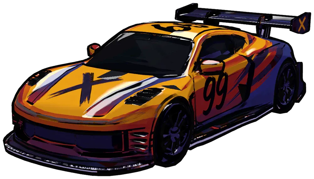 An orange and violet race car, number 99, drawn in ink