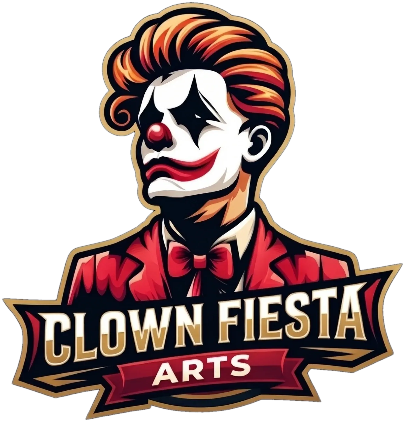 Clown Fiesta Arts logo: a sad clown in a red suit over a gold banner