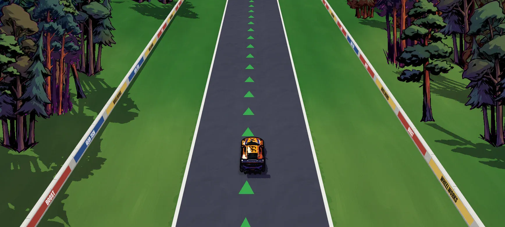 A race car on a straight between pine trees, seen from the chase camera